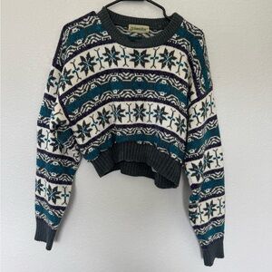 St. John's Bay Women's Teal and Cream Patterned Sweater